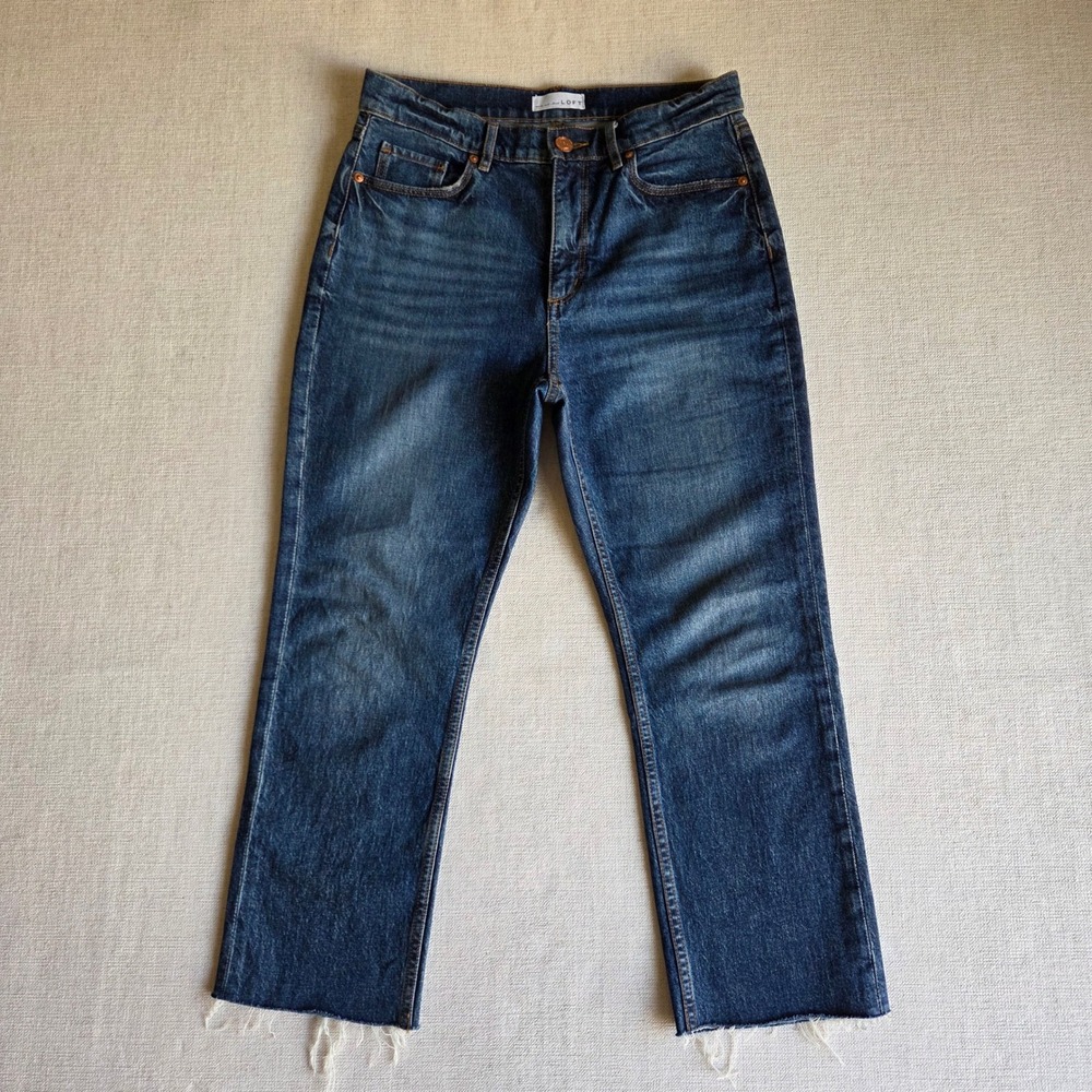 LOFT High Waist Straight Crop Jeans Size 4 Petite Dark Wash  Raw Hem Minimalist - Picture 2 of 7